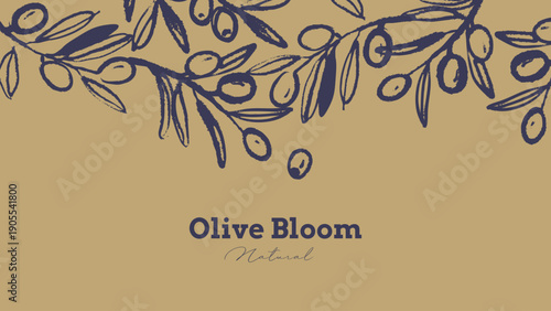 Vintage sketch olive branches border banner. Extra virgin, farm product, Mediterranean cuisine, cosmetic, organic farm, packaging label. Naive hand drawn vector illustration.