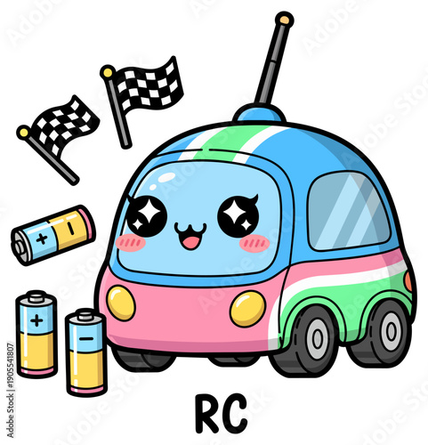 Cute Radio Controlled Car Icon with Batteries and Racing Flags Vector Illustration