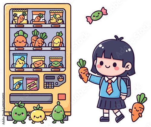 Schoolgirl Buying Healthy Vegetable Snacks from Kawaii Vending Machine
