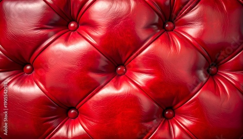 Red leather button-tufted close-up of cushioned surface, highlighting deep folds and glossy sheen in uniform pattern