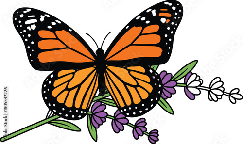 Monarch Butterfly on Purple Flowers Illustration.