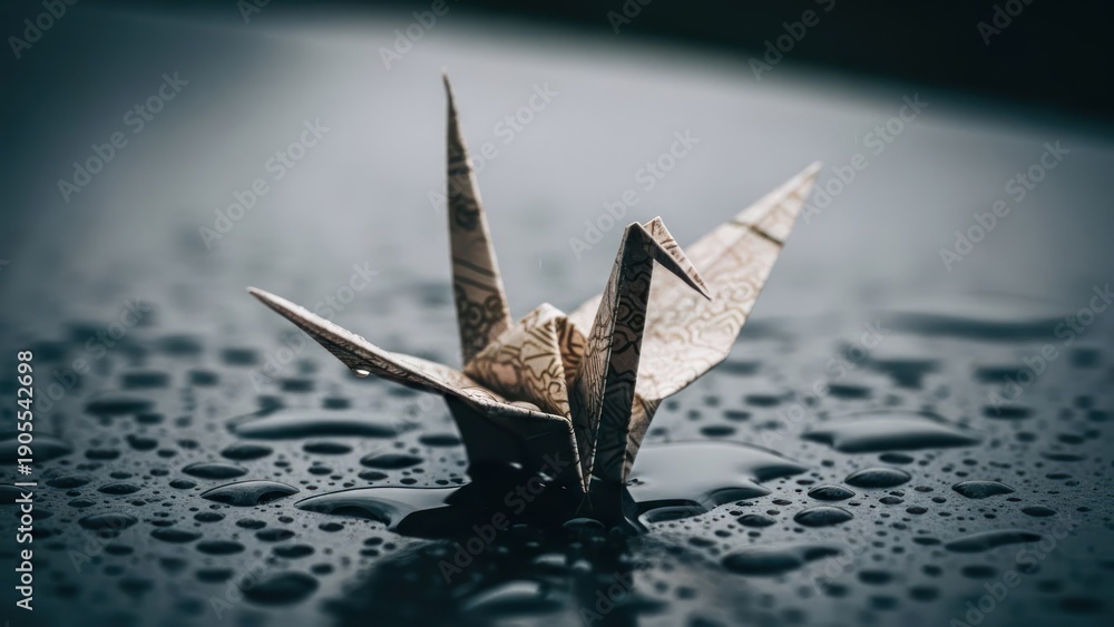 Fototapeta premium Origami crane made from patterned paper, resting on a wet surface with a blurred background