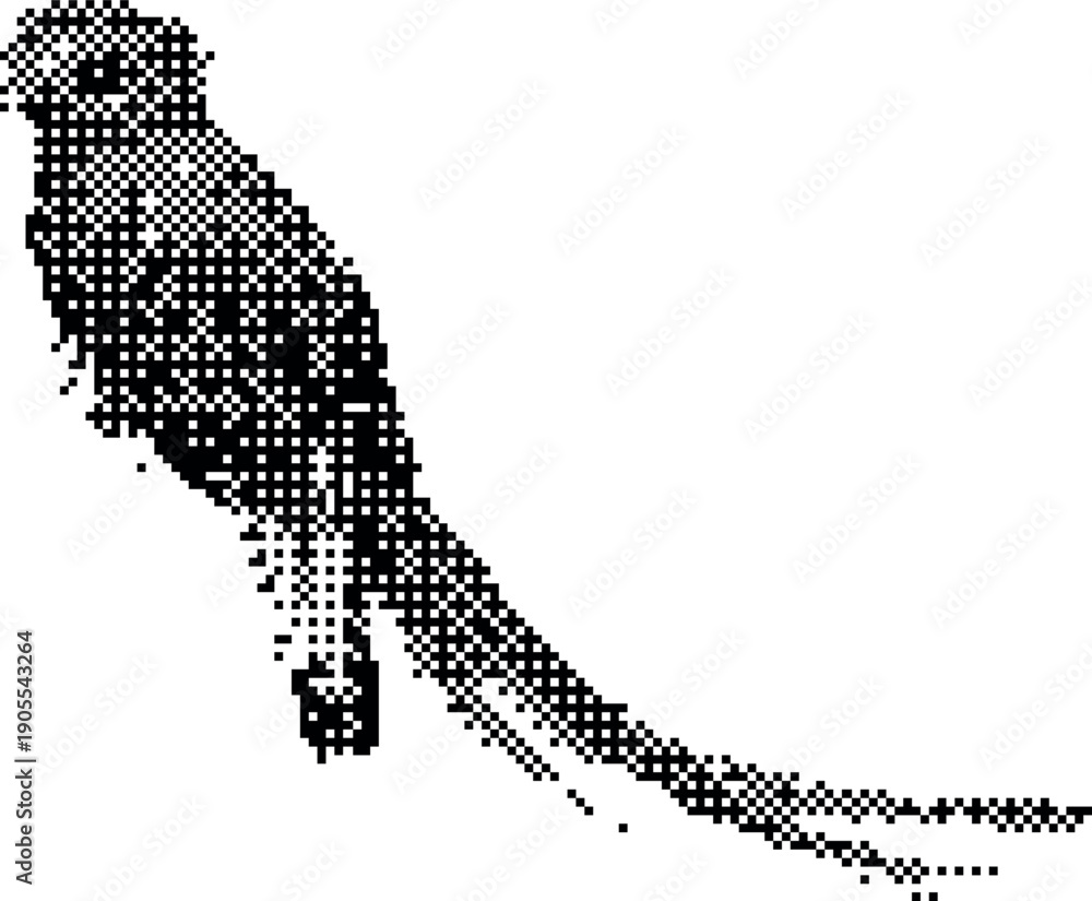 Fototapeta premium Retro Pixel Art Silhouette of a Parrot Bird with Vintage Stipple Dither Texture Isolated on White Background