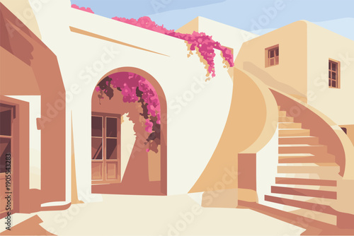 A serene Mediterranean-style villa with staircase, archway, and blooming flowers viewed from the courtyard on a sunny day