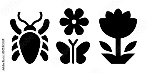 garden insect and flower icons silhouette set with butterfly and beetle