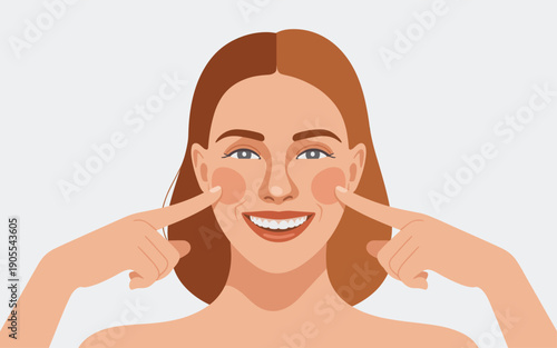 A young woman smiling and pointing to her cheeks with a happy expression from a front view