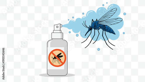 Mosquito repellent spray bottle illustration spraying insecticide at flying mosquito insect isolated on transparent background for pest control health and safety