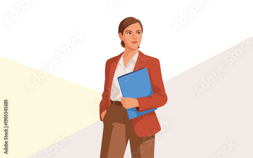 A professional woman stands confidently holding a folder in a minimalist office environment from a slight overhead viewpoint