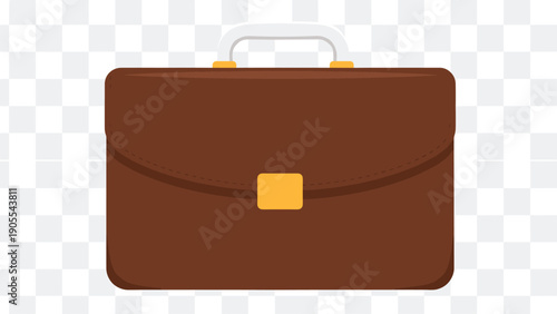 Professional brown leather briefcase illustration with handle and gold buckle isolated on transparent background for business work office and career