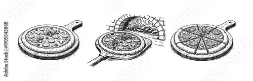 Pizza in the oven vector sketch. Pizza on a wooden board.