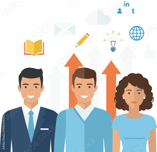 Professional business team illustration with upward arrows and icons for career growth success learning education and corporate group achievement together