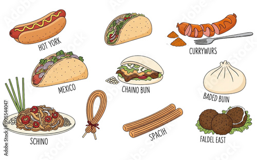 World Street Food Line Icons Vector Hot Dog Taco Currywurst Chino Spach Falafel Set