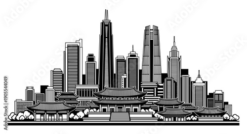 Black and White Modern City Skyline and Skyscrapers Silhouette