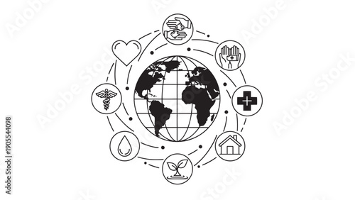 Global Sustainability Illustration: a globe surrounded by eco icons signaling environment, conservation, and renewable action.