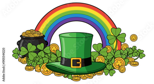 St Patricks Day Leprechaun Hat with Gold Coins and Rainbow