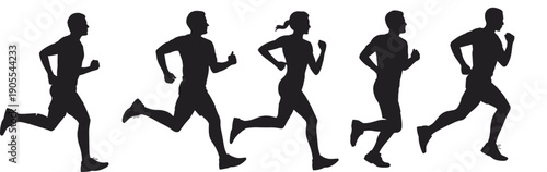 Running people silhouette set showing male and female joggers, fitness training, marathon motion, healthy lifestyle, sport activity illustration
