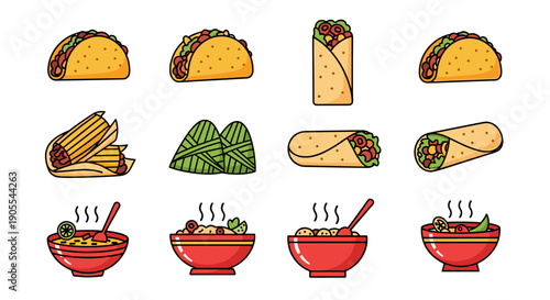 Collection of Various Mexican Food and Taco Icons