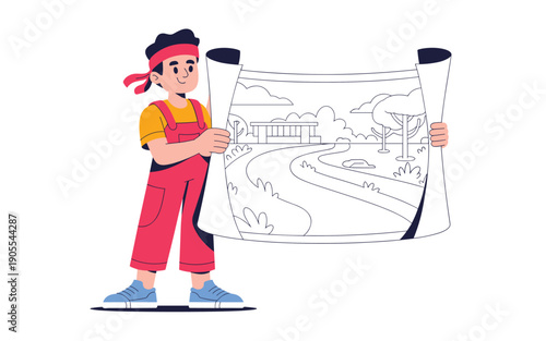 A young artist proudly holding a large scroll with a landscape drawing, standing against a clean backdrop, viewed from the front.