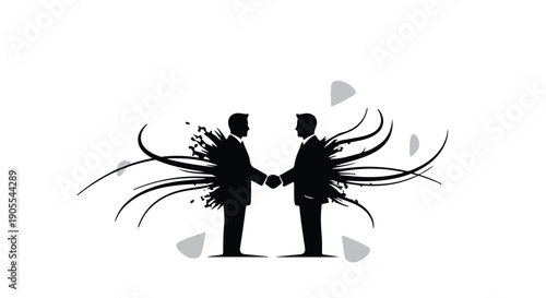 Silhouette of two businessmen shaking hands with dynamic lines