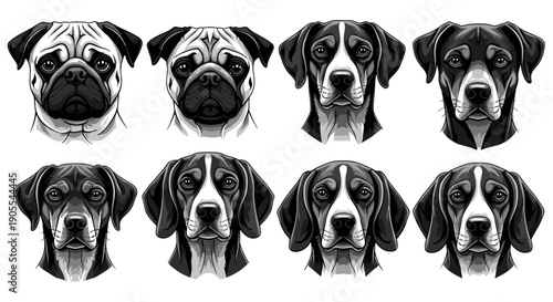 Diverse Dog Breeds Head Portraits Collection Black and White