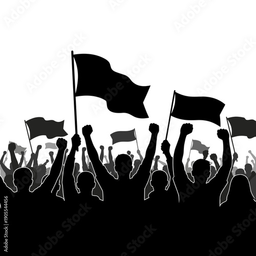 Silhouette of a Protesting Crowd with Flags