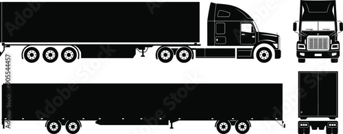 Semi truck trailer silhouette set showing side front rear views, cargo transport vehicle illustration, logistics freight transportation concept
