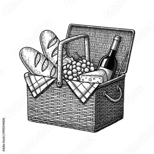 Sketch Style Picnic Basket with Wine and Bread Illustration