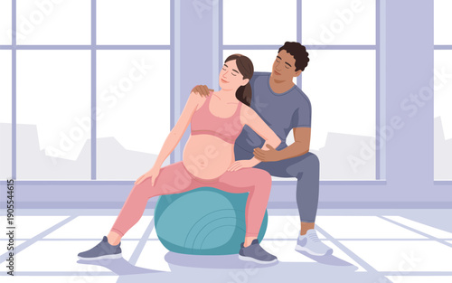 Expectant couple practicing prenatal exercise together in a serene, modern living room with large windows