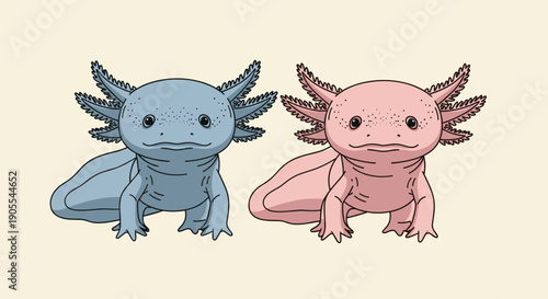 Pair of Blue and Pink Axolotl Friends Illustration
