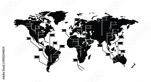 Black and white illustration of world map with flags