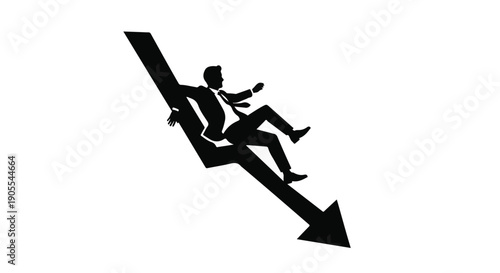 Businessman sliding down arrow in black silhouette