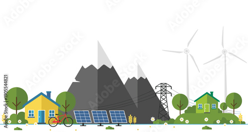 Sustainable green energy landscape illustration with solar panels wind turbines eco houses mountains and electric bicycle for clean environment and conservation