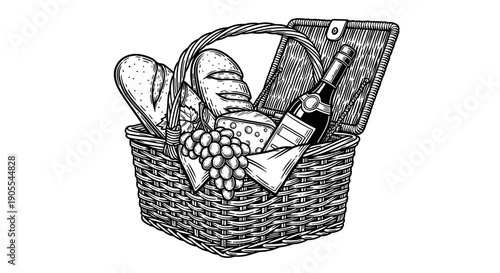 Sketch Style Picnic Basket with Wine and Bread