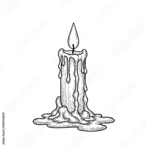 Hand Drawn Sketch of a Melting Wax Candle with Flame