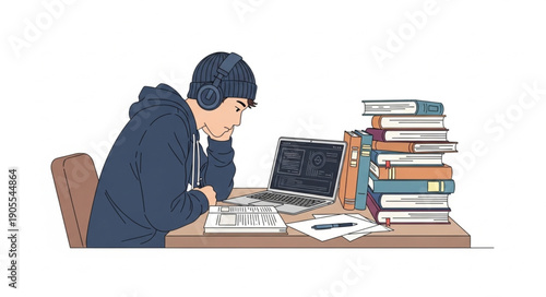 Man Working on Laptop at Desk.