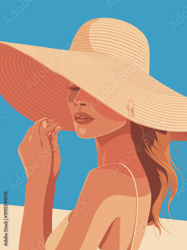 Woman in a large sunhat posing against a vibrant blue sky, viewed from behind, illustrating a serene summer scene