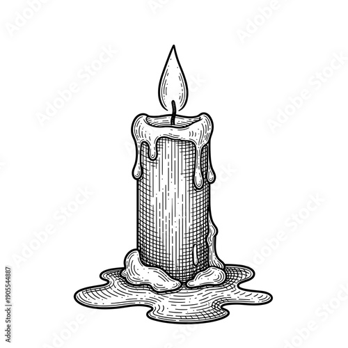 Vertical Drawing of a Melting Wax Candle with Burning Flame