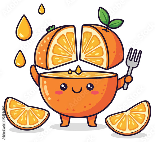 Happy orange fruit mascot with smiling face holding a fork ready to eat cute vector