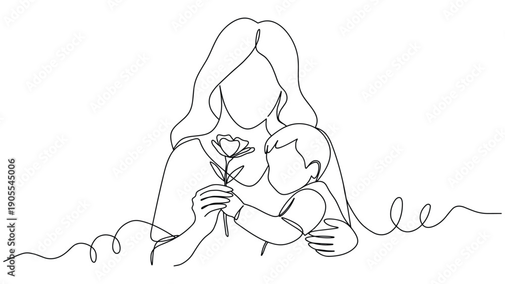 Obraz premium Minimalist Line Art: Mother Embracing Child, Offering a Rose
