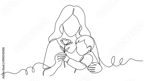 Minimalist Line Art: Mother Embracing Child, Offering a Rose