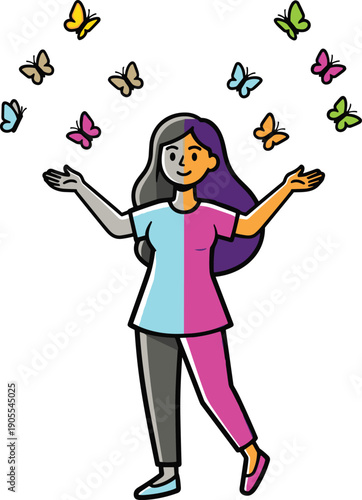 Woman Surrounded by Colorful Butterflies Dancing Freely.