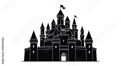 A striking black castle illustration with multiple towers and flags depicted as a bold silhouette high quality professional detailed modern elegant stylish