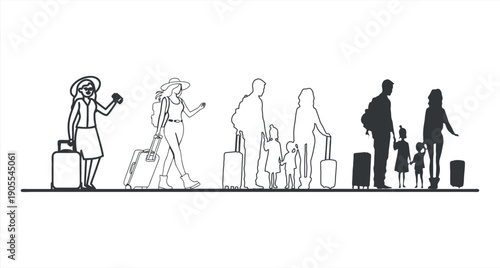 A girl with a suitcase and a mask and a hat is waiting for her transport, black and white, Continuous Line art or One Line Drawing of a Travel girl with a Suitcase. Drawing by hand. Vector illustratio