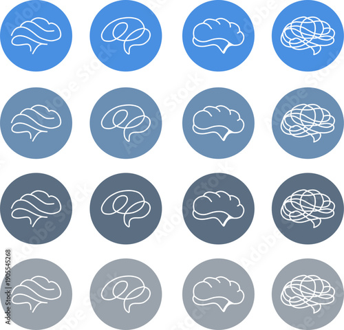 Set of Brain Icons: A captivating collection of brain icons in a array of circle background, symbolizing innovative thinking. The design is sleek, modern.