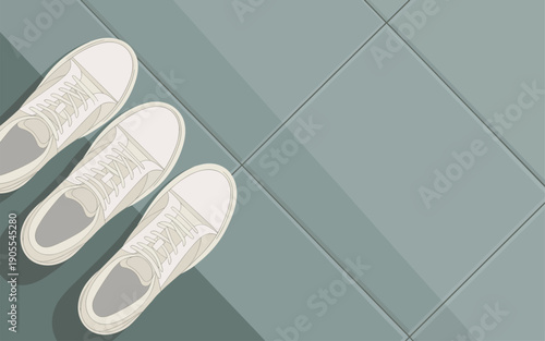 Three white sneakers on a grey tiled floor viewed from above with shadows cast