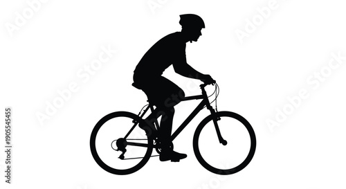A cyclist rides a mountain bike depicted in a stark black form against a white background silhouette high quality professional detailed modern