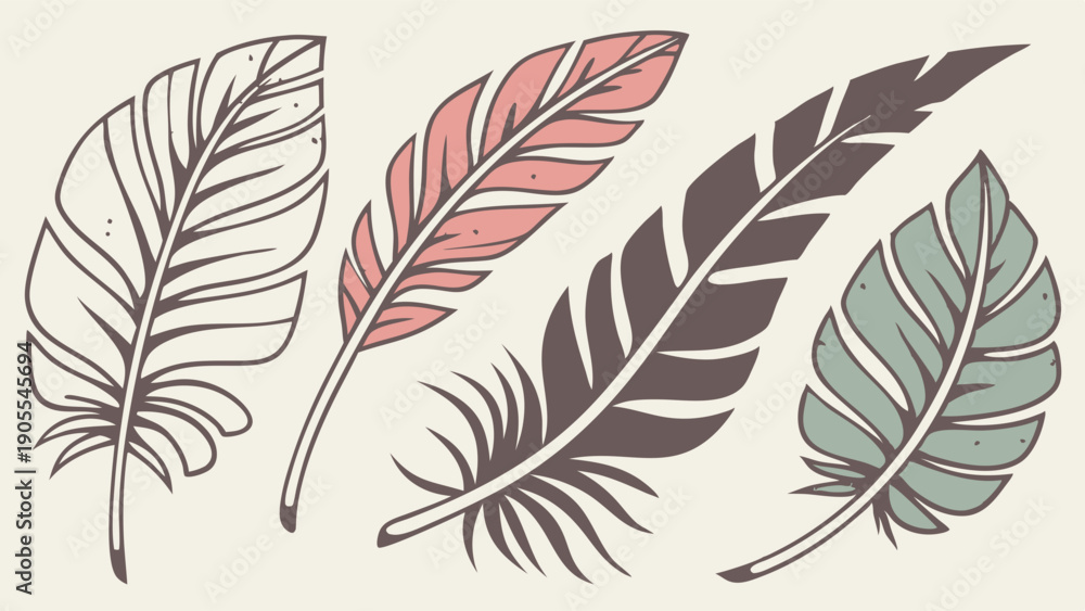 Fototapeta premium Hand Drawn Bohemian Feathers Set Vintage Line Art Sketch Illustration Rustic Nature Decoration for Creative Web Design and Print Graphics