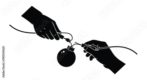 Hands holding bomb with lit fuse on white background