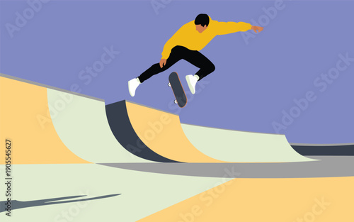 Man performing skateboarding trick on a ramp from a dynamic side view