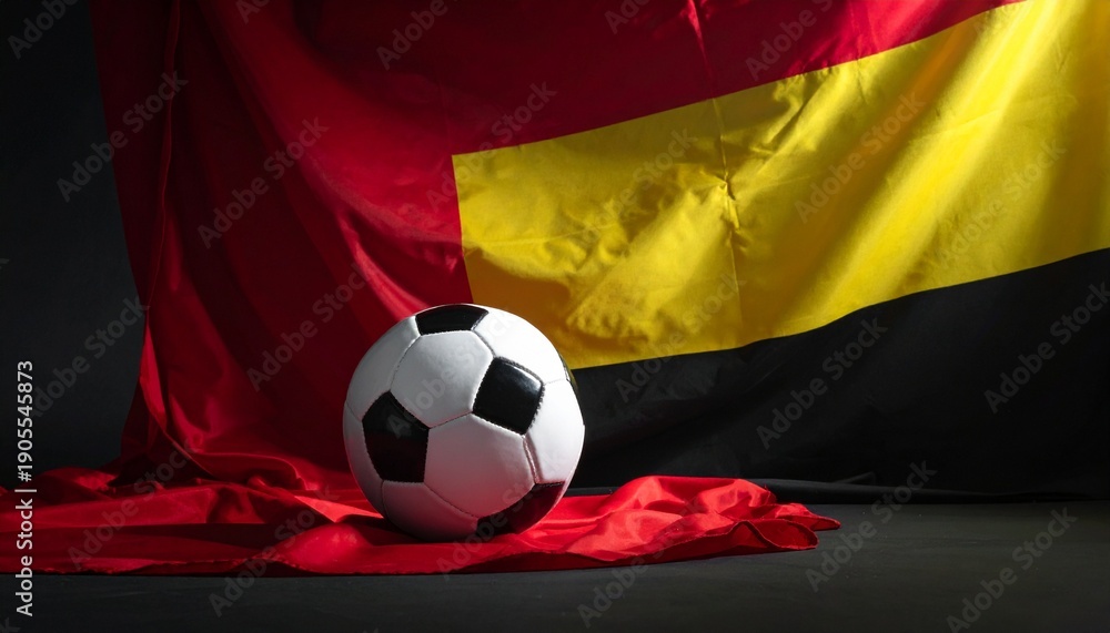 Naklejka premium A soccer ball sits on a red fabric against a waving Belgian flag with red, yellow, and black colors from a close-up view